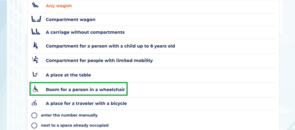 printscreen of the list of seat choice on the Intercity website, room for a person in a wheelchair is marked green