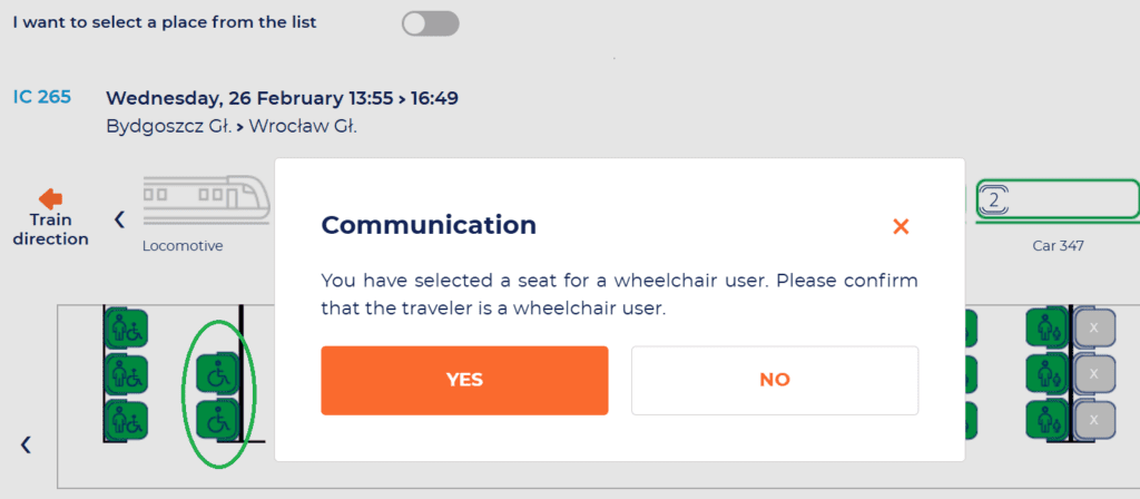 printscreen of the map of seat choice on the Intercity website, space for a person in a wheelchair is marked green